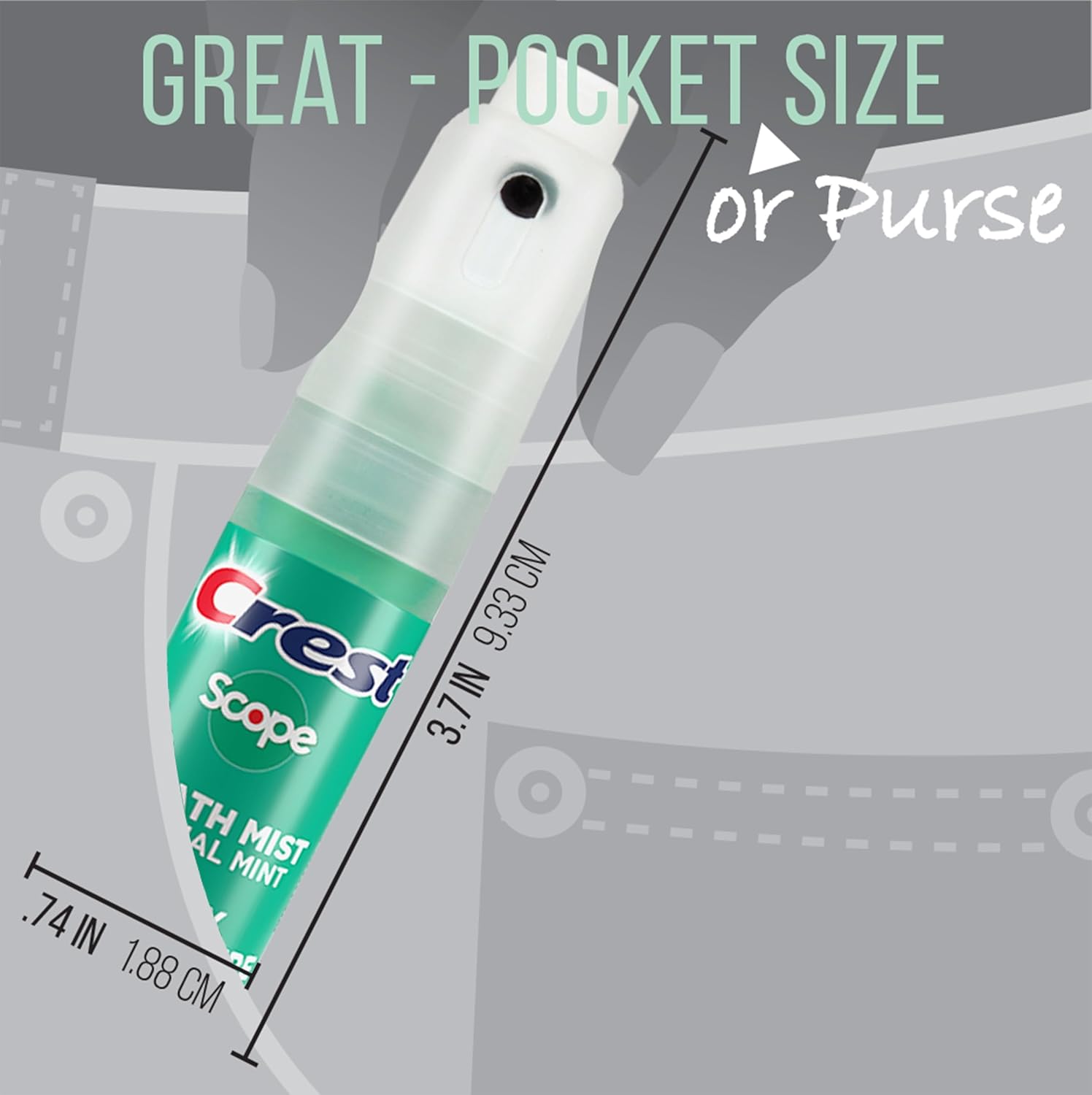Person using Crest Scope Breath Mist on the go before a meeting