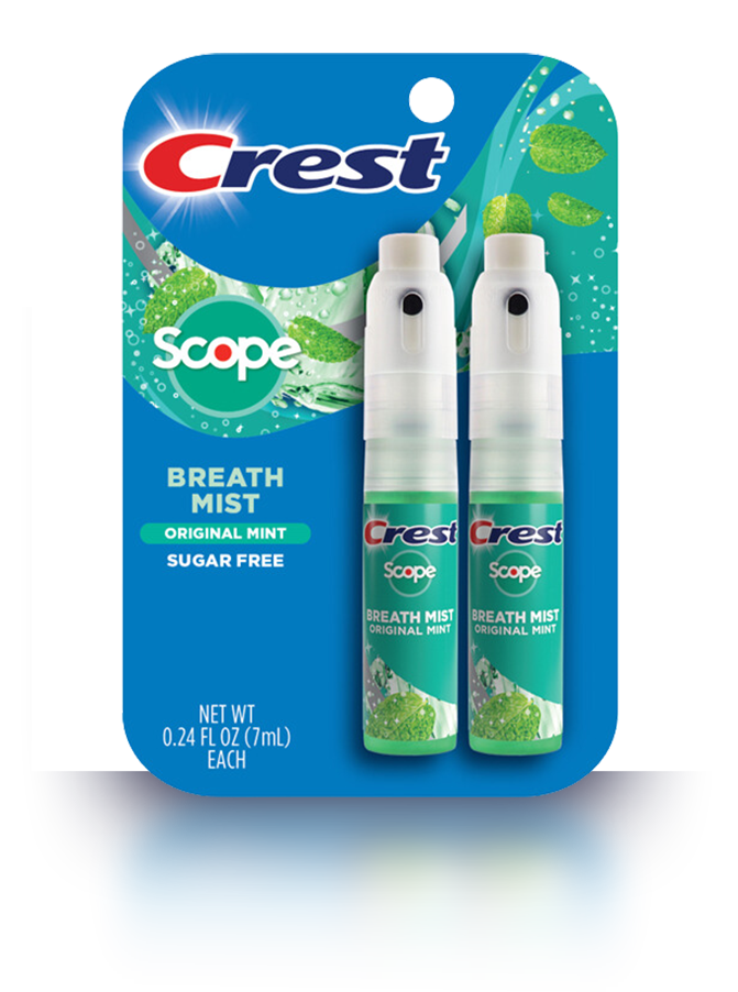 Crest Scope Breath Mist twin pack — two 0.24 oz mint breath spray bottles